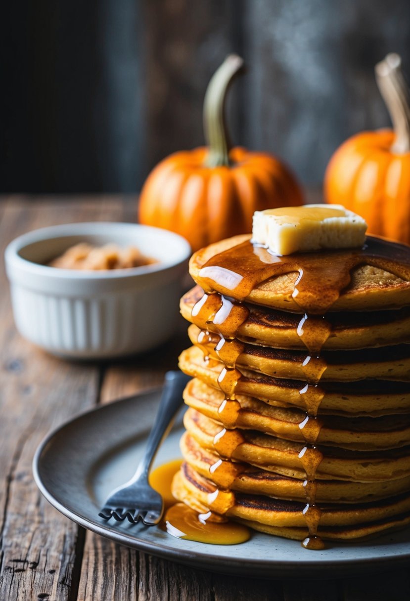 A stack of fluffy pumpkin pancakes drizzled with brown sugar butter on a rustic wooden table