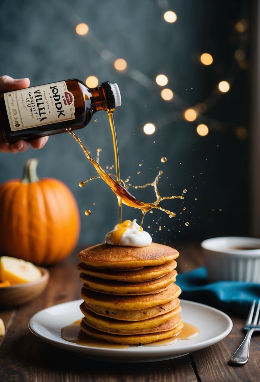 A bottle of vanilla extract splashes onto a stack of Kodiak pumpkin pancakes