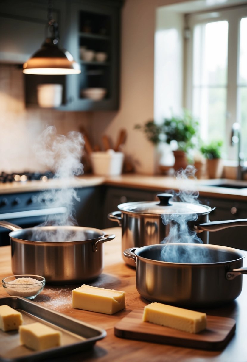 A cozy kitchen with steaming pots, baking trays, and a warm, inviting atmosphere. Ingredients like butter, flour, and sugar are scattered on the countertop