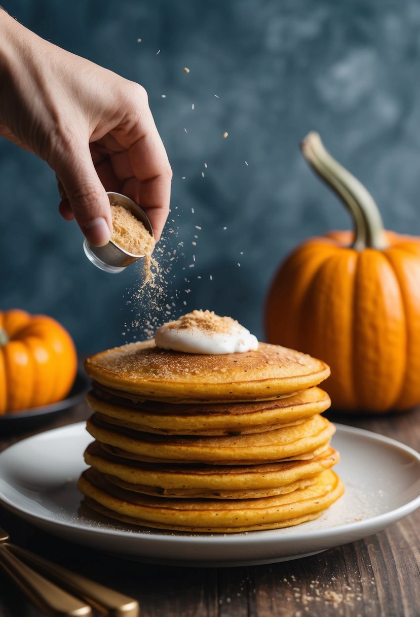 A hand sprinkles nutmeg on a stack of kodiak pumpkin pancakes