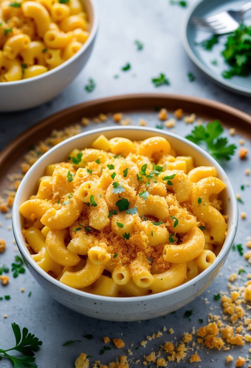 A steaming bowl of creamy mac and cheese surrounded by a scattering of golden breadcrumbs and a sprinkle of freshly chopped parsley