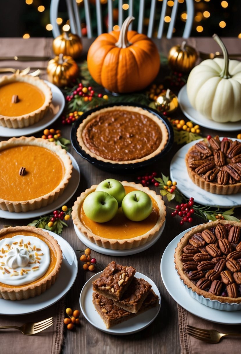 A table adorned with various unique Thanksgiving desserts, including pumpkin pie, apple tart, and pecan bars, surrounded by festive decorations