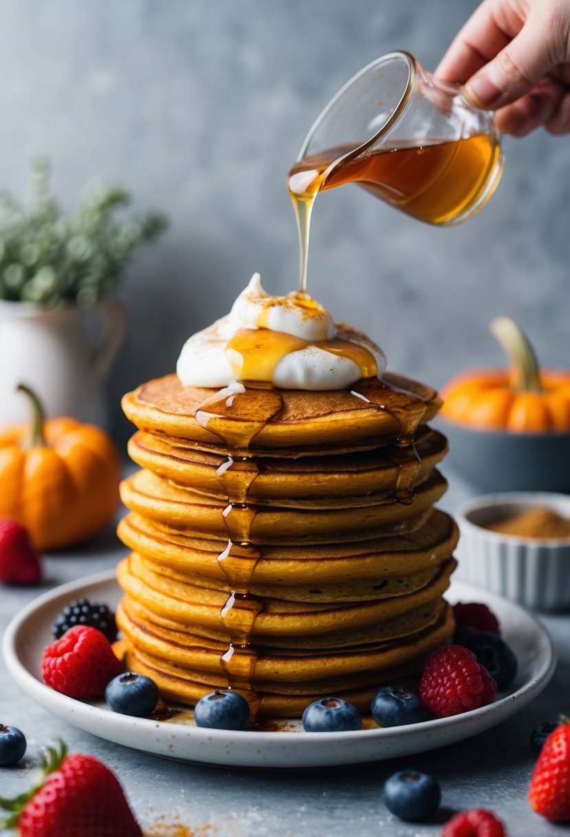 A stack of Kodiak pumpkin pancakes topped with Greek yogurt and drizzled with honey, surrounded by fresh berries and a sprinkle of cinnamon