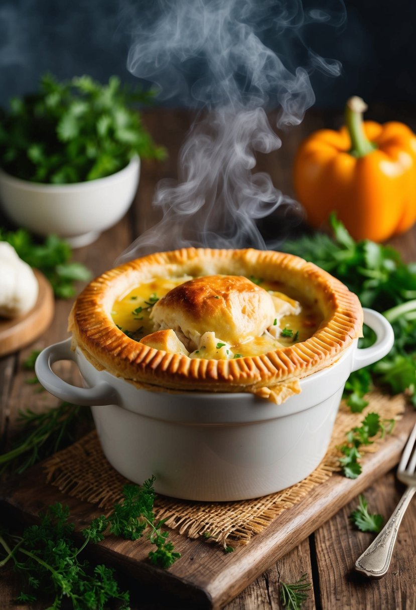 A steaming chicken pot pie sits on a rustic wooden table, surrounded by fresh herbs and vegetables. A golden, flaky crust covers the bubbling filling