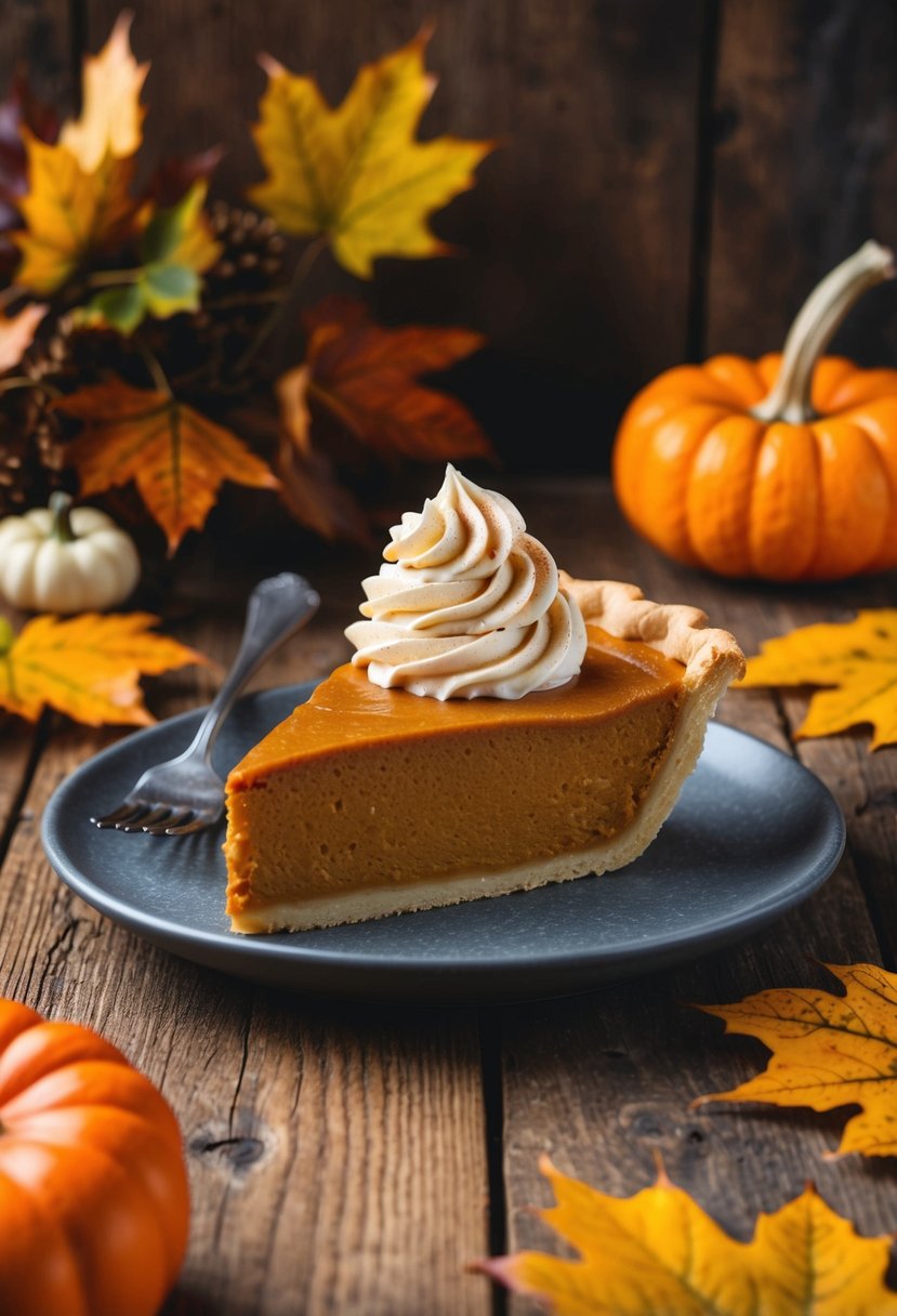 A slice of pumpkin pie topped with swirls of maple whipped cream on a rustic wooden table, surrounded by autumn leaves and a warm, cozy atmosphere