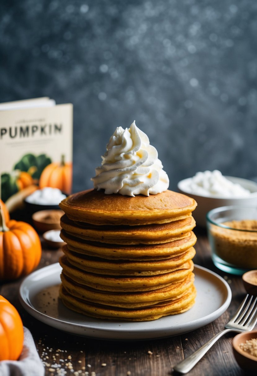 A stack of pumpkin pancakes topped with fluffy whipped cream, surrounded by ingredients and a recipe book