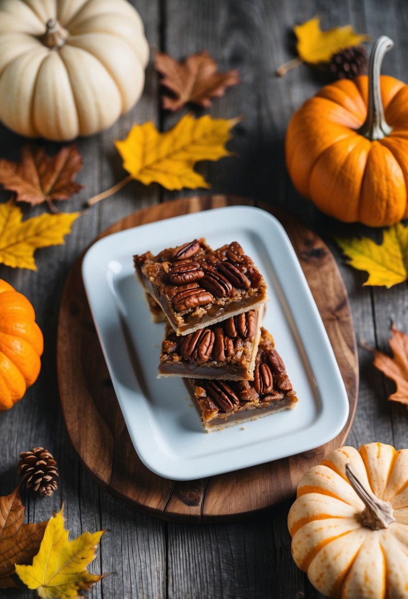 A rustic wooden table with a platter of pecan pie bars surrounded by autumn leaves and pumpkins