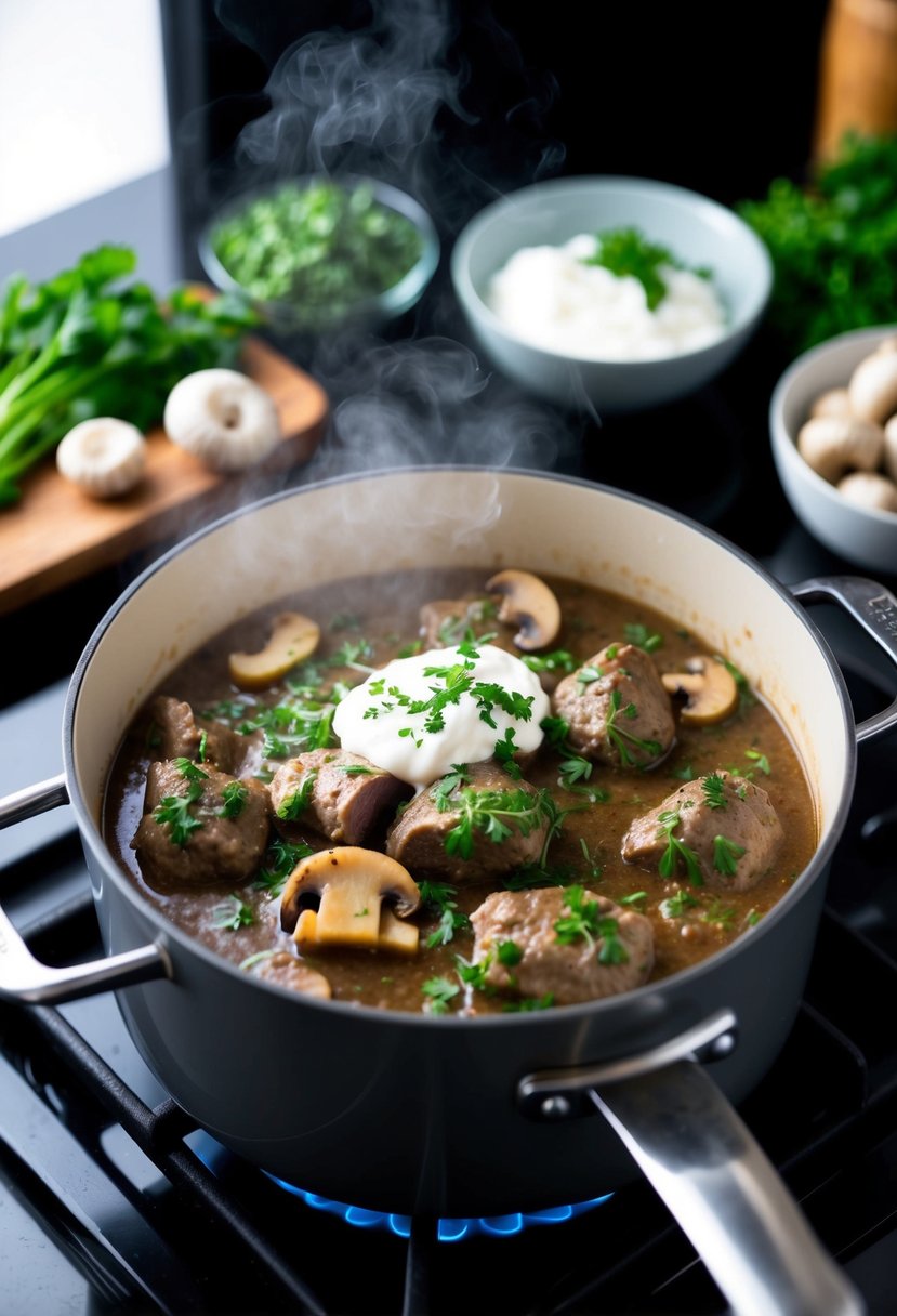 A steaming pot of Beef Stroganoff simmers on a stove, surrounded by fresh herbs, mushrooms, and a dollop of sour cream