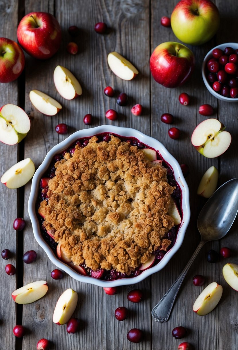 A rustic wooden table adorned with a freshly baked cranberry apple crisp, surrounded by scattered cranberries and apple slices