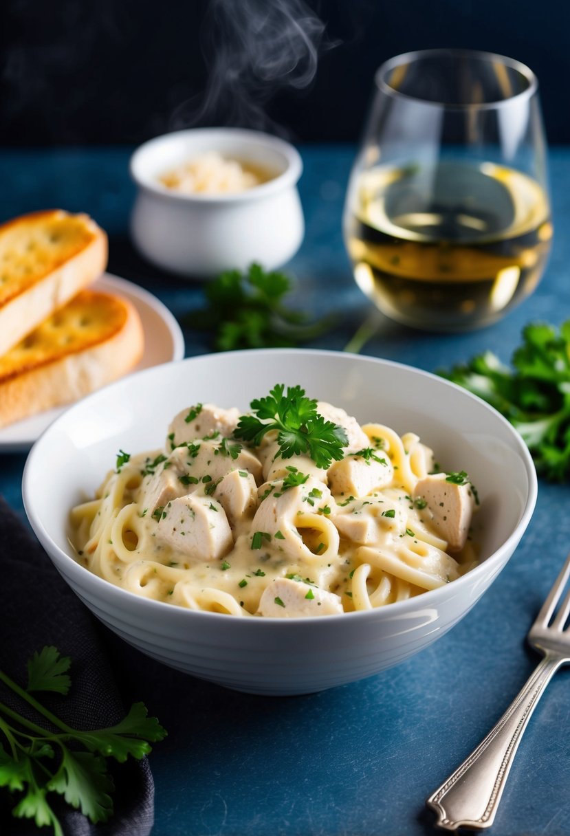 A steaming bowl of creamy Chicken Alfredo topped with fresh parsley, served with a side of garlic bread and a glass of white wine