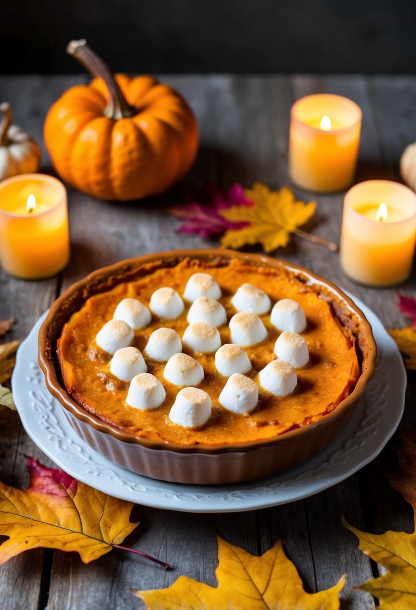 A golden-brown sweet potato casserole topped with gooey marshmallows sits on a rustic Thanksgiving table, surrounded by autumn leaves and flickering candles