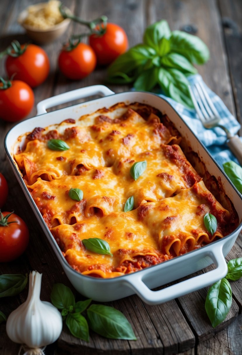 A bubbling pan of golden, cheesy lasagna sits on a rustic wooden table, surrounded by vibrant ingredients like tomatoes, basil, and garlic