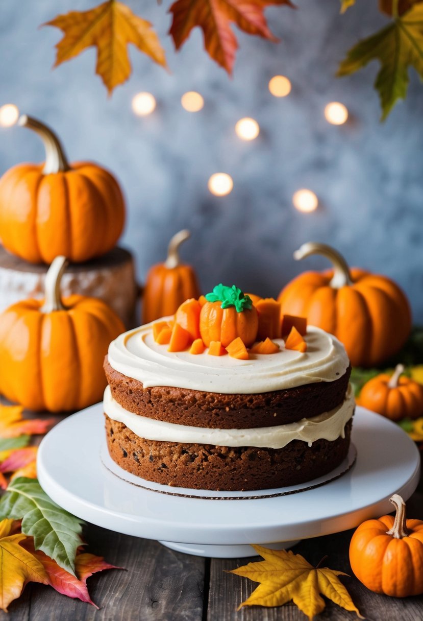 A spiced carrot cake topped with cream cheese frosting, surrounded by autumn leaves and decorative pumpkins