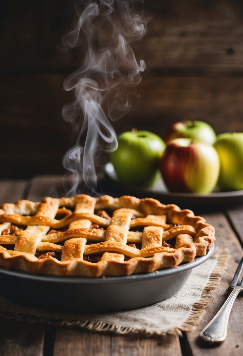 A golden-brown apple pie sits on a rustic wooden table, with a lattice crust and steam rising from the bubbling fruit filling