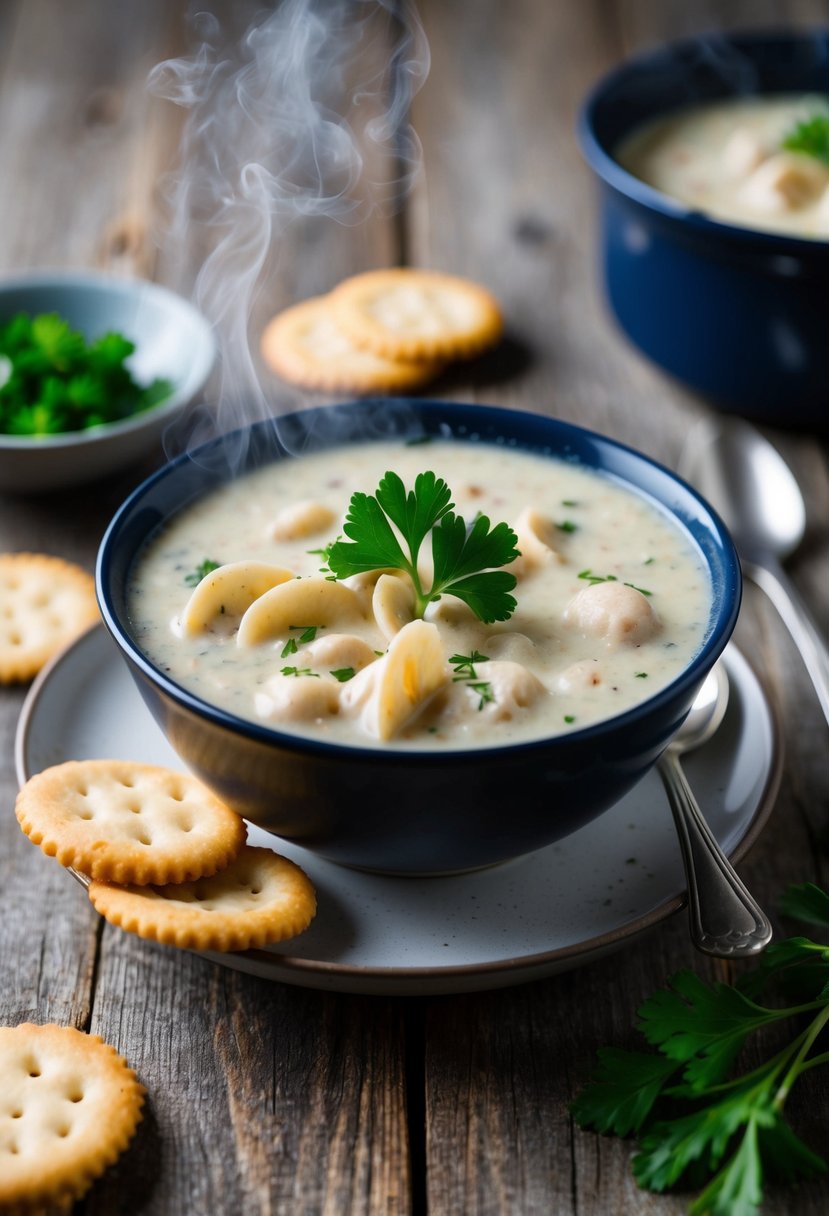 A steaming bowl of clam chowder surrounded by oyster crackers and a sprig of fresh parsley on a rustic wooden table