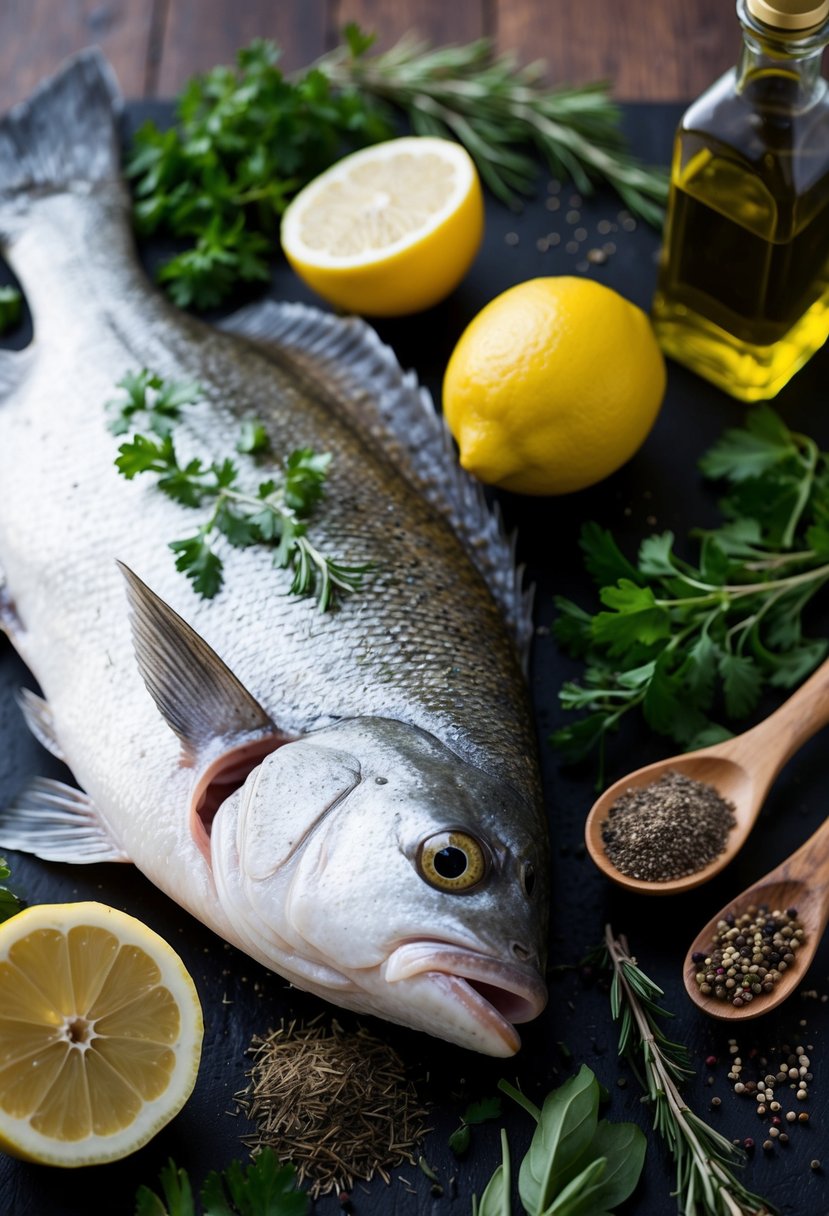 A flounder surrounded by fresh herbs and spices, with a lemon and a bottle of olive oil nearby