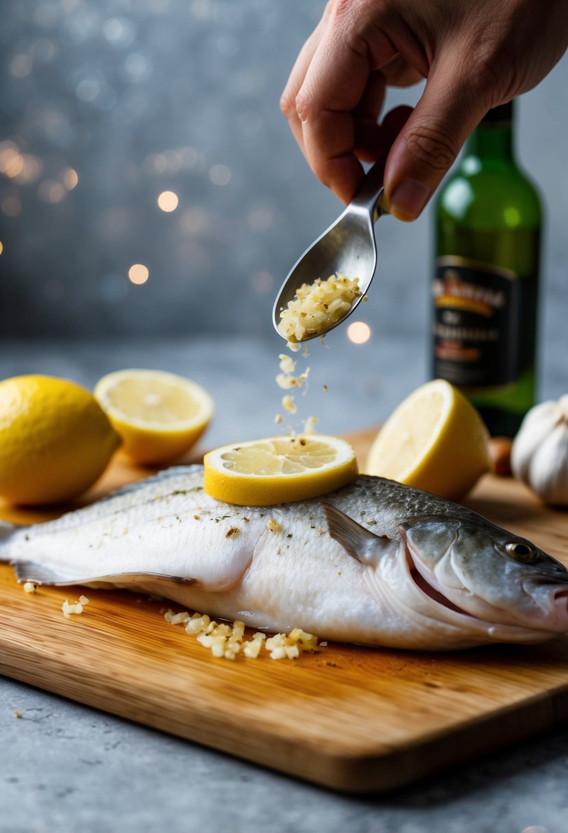 A flounder fish being seasoned with lemon and garlic on a cutting board