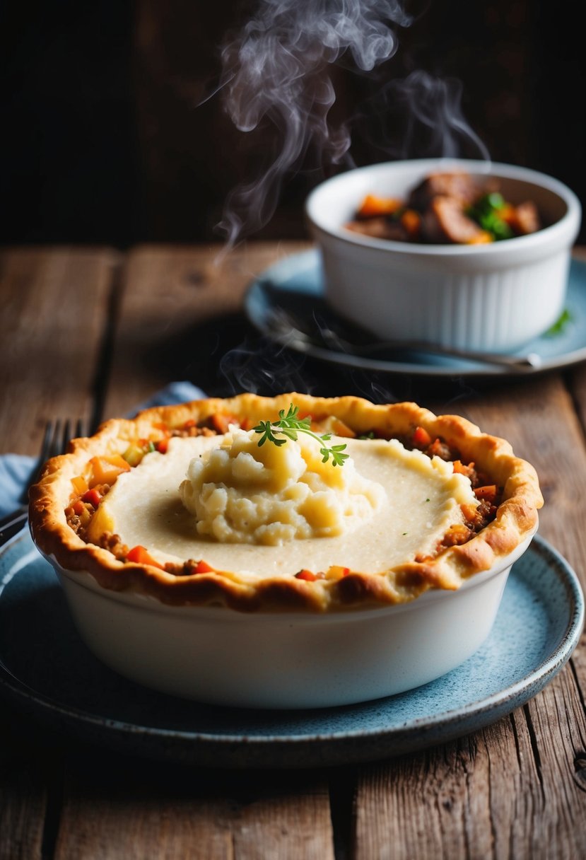 A steaming dish of shepherd's pie, topped with creamy mashed potatoes and filled with savory meat and vegetables, sits on a rustic wooden table