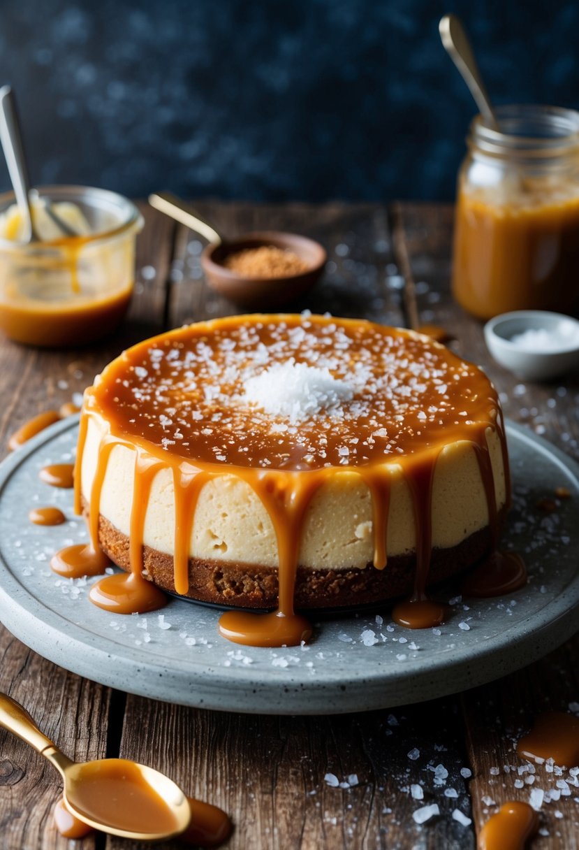 A decadent salted caramel cheesecake sits on a rustic wooden table, surrounded by scattered caramel drizzle and a sprinkling of sea salt