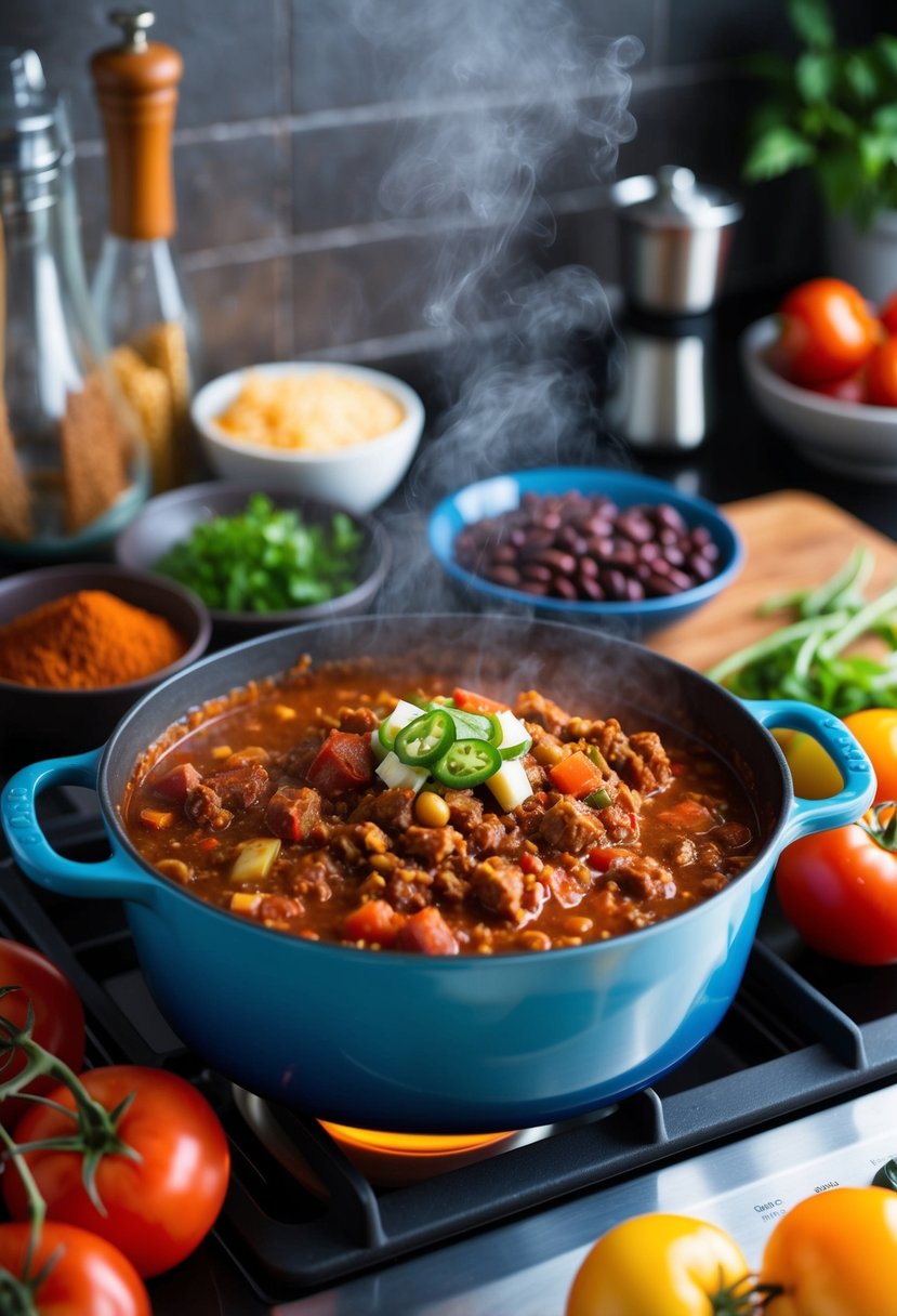 A steaming pot of chili con carne simmering on a stovetop, surrounded by colorful ingredients like tomatoes, beans, and spices