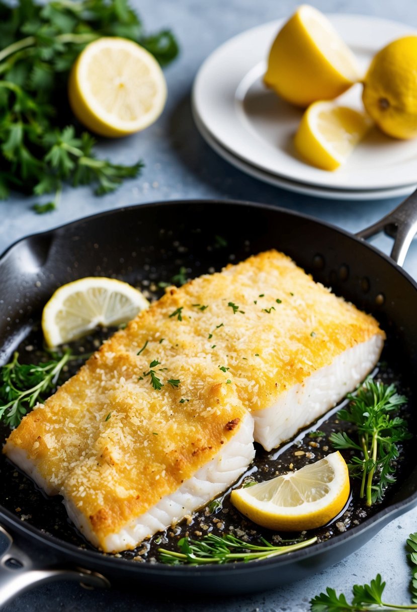 A golden-brown Parmesan crusted flounder fillet sizzling in a skillet, surrounded by fresh herbs and lemon wedges