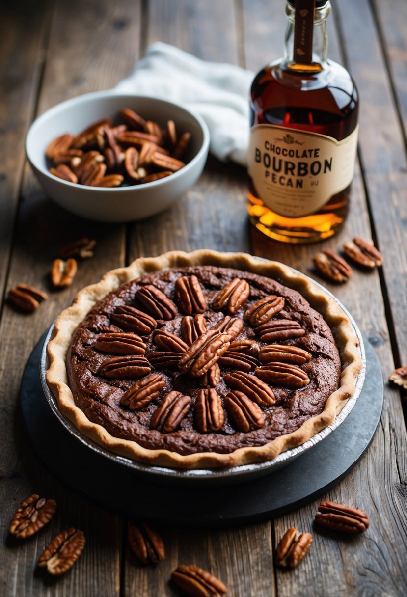 A chocolate bourbon pecan pie sits on a rustic wooden table, surrounded by pecans and a bottle of bourbon