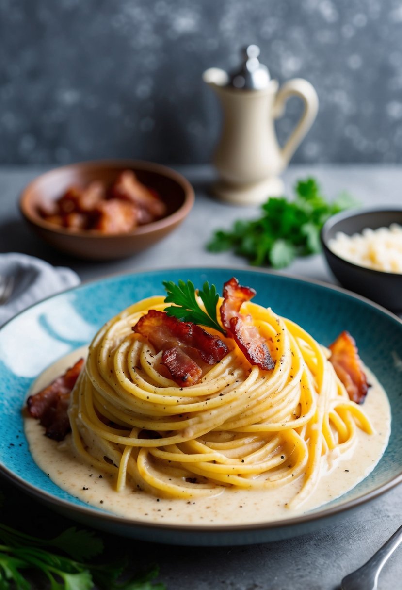 A steaming plate of spaghetti carbonara with crispy bacon and creamy sauce, garnished with fresh parsley and a sprinkle of black pepper