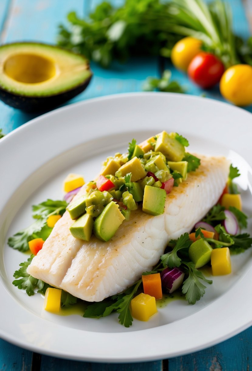 A flounder fillet topped with vibrant avocado salsa sits on a white plate, surrounded by colorful vegetables and herbs