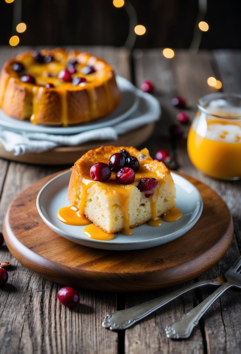 A rustic wooden table displays a warm, golden-brown bread pudding topped with cranberries and drizzled with a sweet orange glaze