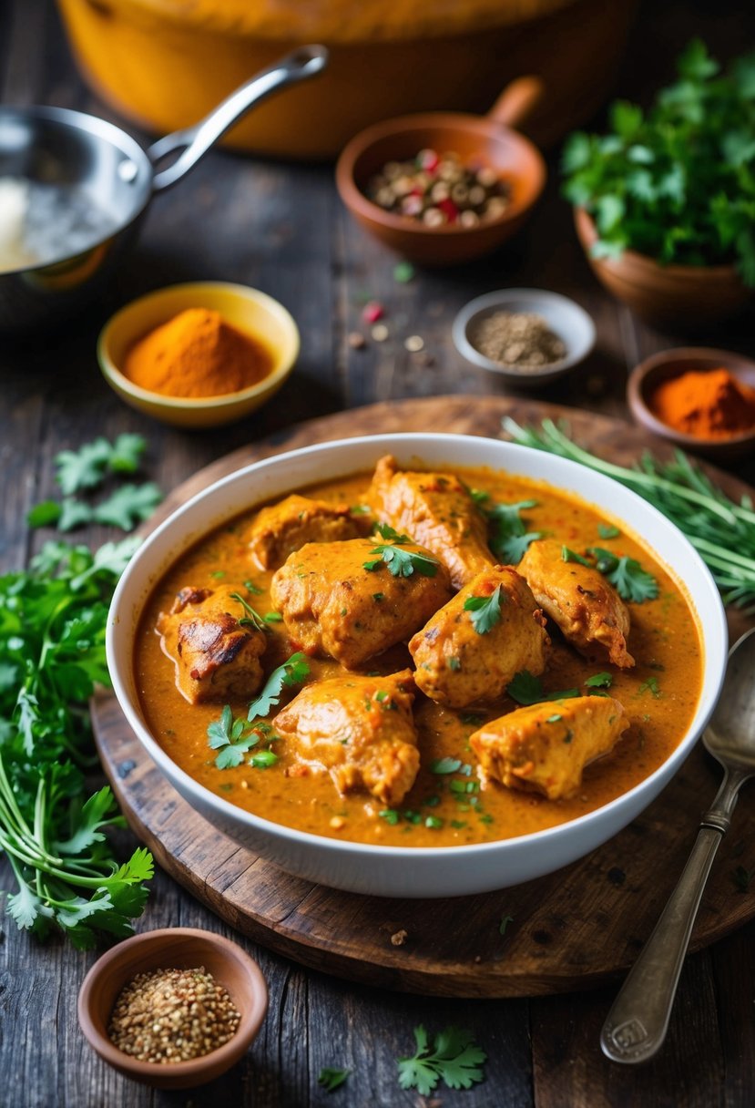 A steaming bowl of chicken tikka masala sits on a rustic wooden table, surrounded by vibrant spices and fresh herbs. A warm, inviting atmosphere fills the kitchen