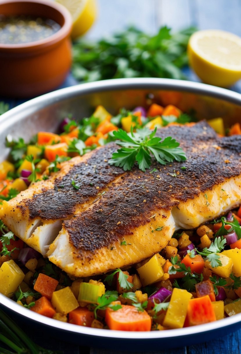 A sizzling blackened Cajun Flounder fish fillet on a bed of colorful vegetables, surrounded by vibrant spices and herbs