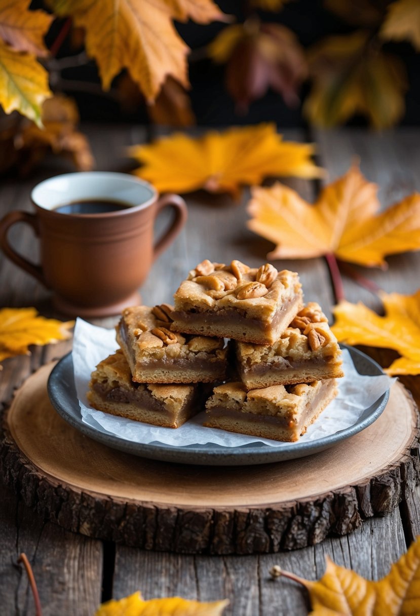 A rustic wooden table adorned with a platter of Maple Walnut Blondies, surrounded by autumn leaves and a warm, inviting ambiance