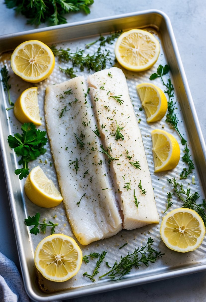 A flounder fillet is seasoned with herbs and placed on a baking sheet, surrounded by fresh herbs and lemon slices