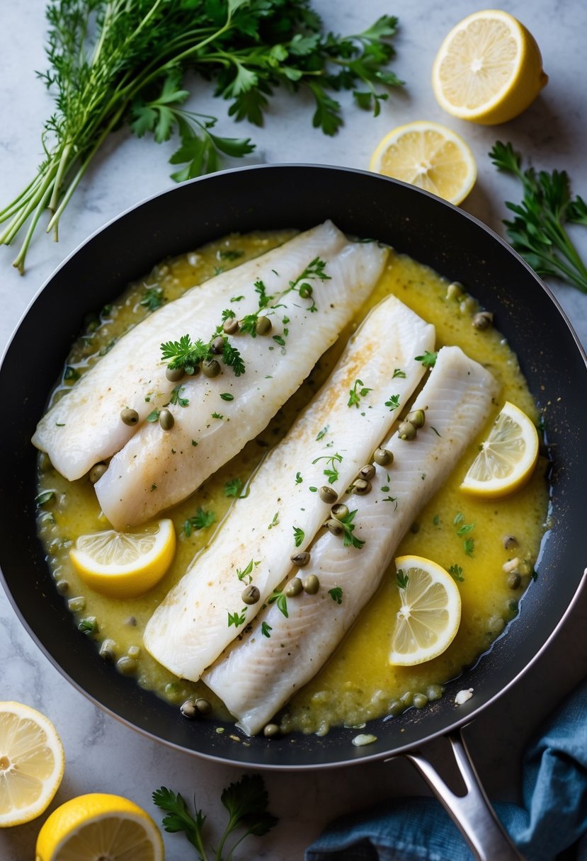 A sizzling pan with flounder fillets cooking in a lemon and caper sauce, surrounded by fresh herbs and lemon slices