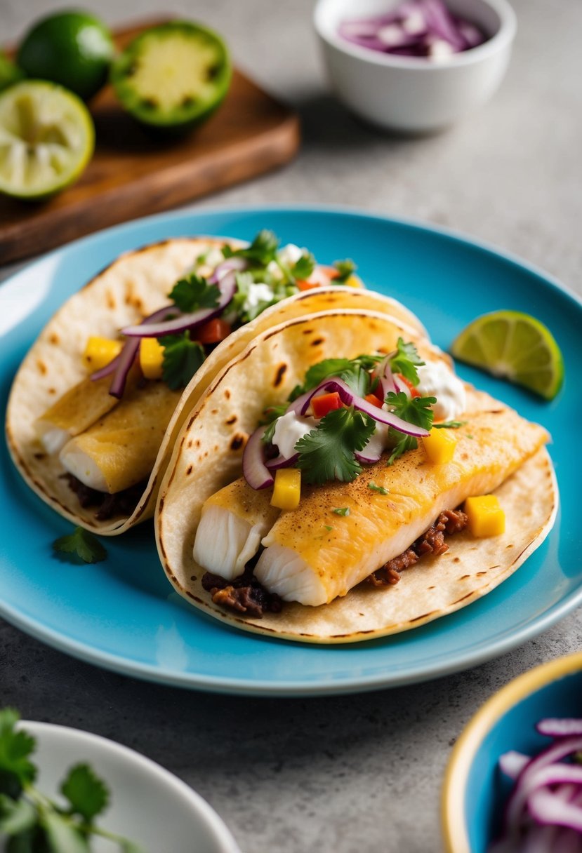 A plate of flounder fish tacos with colorful toppings and garnishes