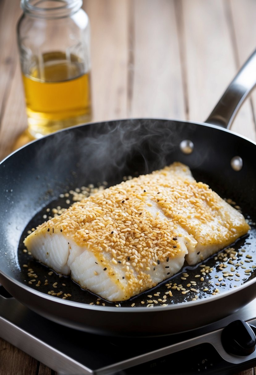 A flounder fish fillet coated in sesame seeds, sizzling in a hot pan