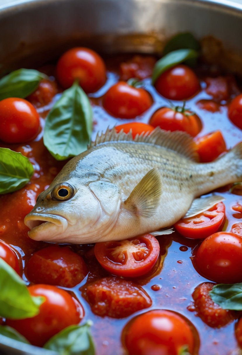 A flounder swimming in a sea of vibrant red tomato basil sauce