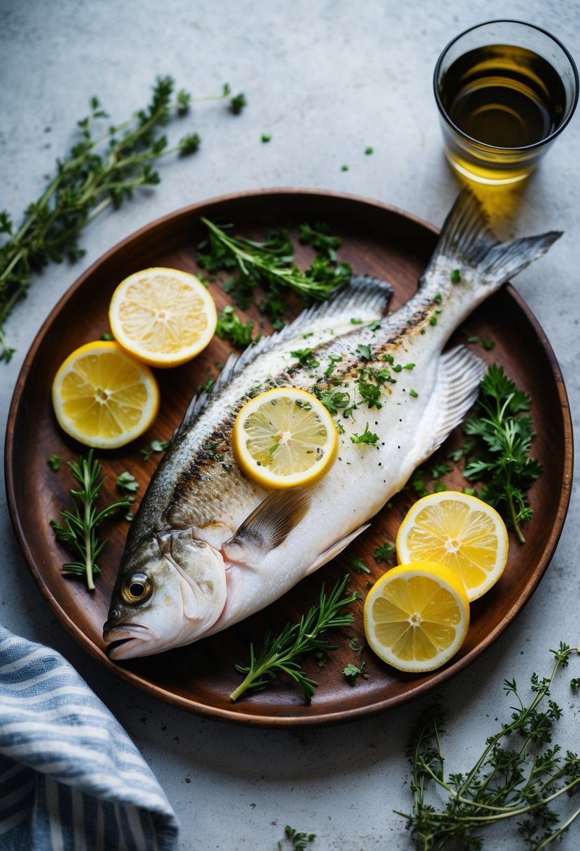 A Mediterranean grilled flounder fish surrounded by fresh herbs and lemon slices on a rustic wooden platter