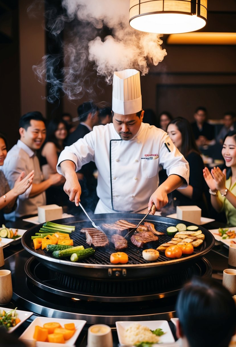 A chef grills vegetables and meat on a hibachi grill, surrounded by a lively teppanyaki table with eager diners. Smoke rises as the chef performs impressive cooking techniques