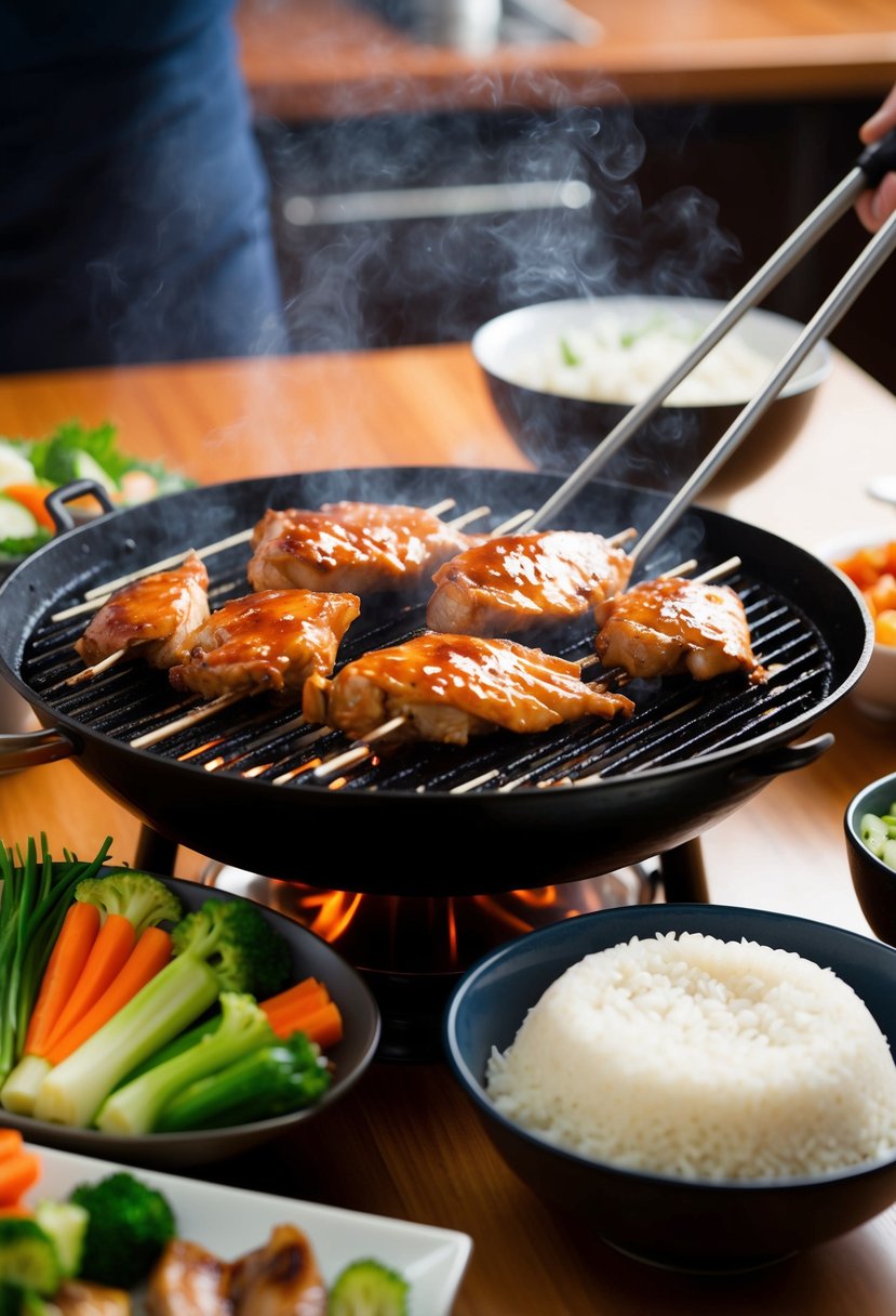 A sizzling hibachi grill cooks chicken teriyaki, surrounded by assorted vegetables and a steaming bowl of rice