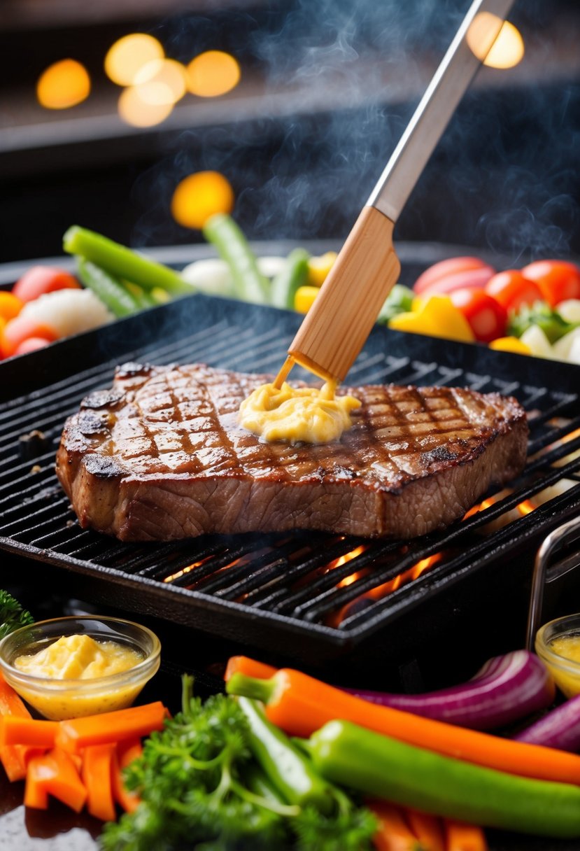 A sizzling steak sizzling on a hibachi grill, surrounded by sizzling garlic butter and a variety of colorful vegetables