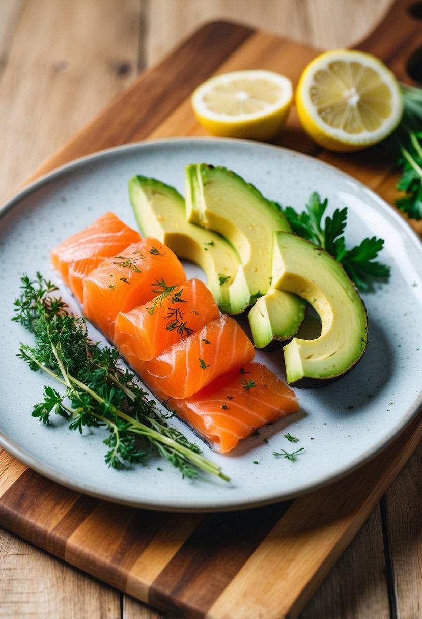 A plate of smoked salmon and avocado slices arranged with herbs and lemon wedges on a wooden cutting board