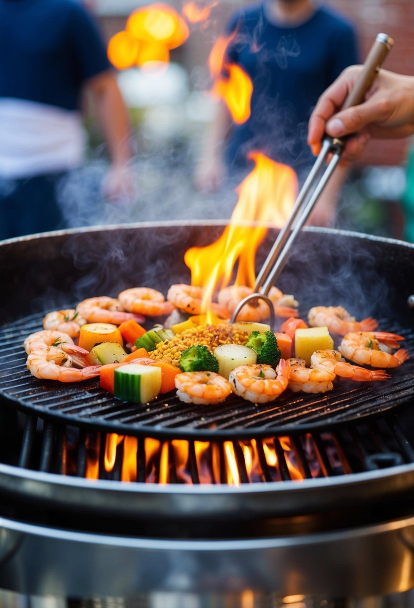 A sizzling hibachi grill with shrimp, assorted vegetables, and aromatic seasonings cooking over an open flame