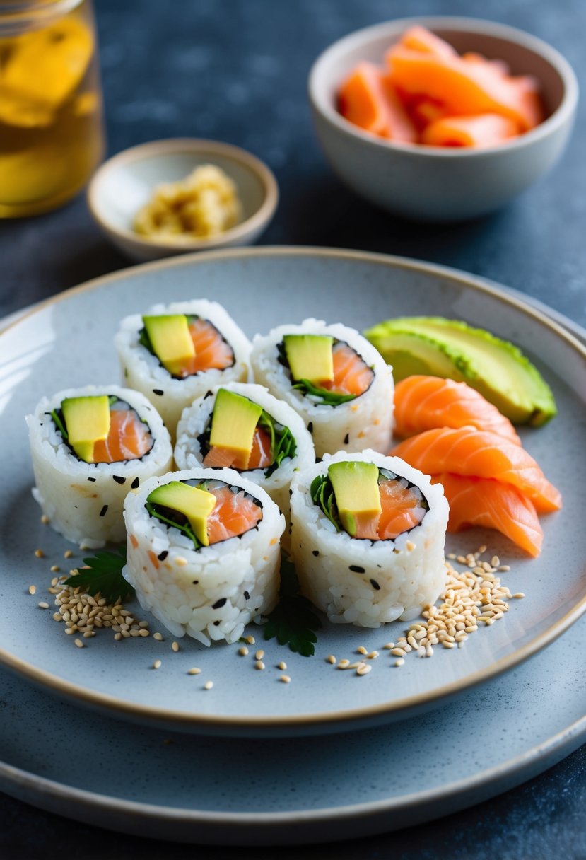 A plate of sushi rolls filled with smoked salmon and avocado, garnished with sesame seeds and served with pickled ginger and wasabi