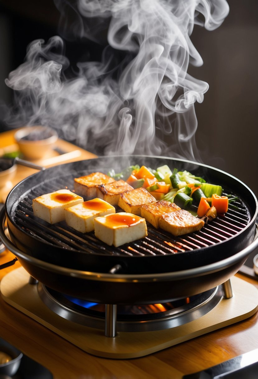 A sizzling hibachi grill with tofu, vegetables, and spicy sauce cooking on it, surrounded by a cloud of steam and the aroma of sizzling food