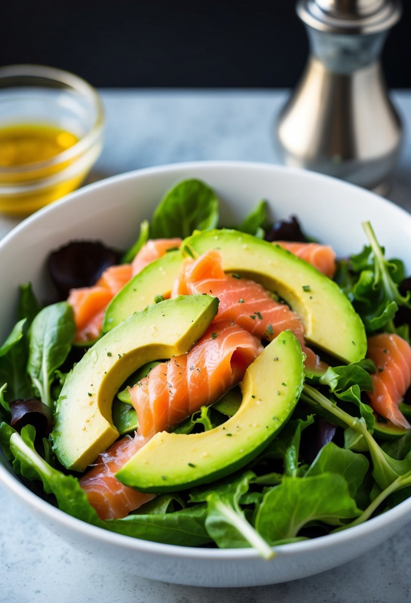 A bowl of mixed greens topped with sliced avocado and smoked salmon, drizzled with a light vinaigrette