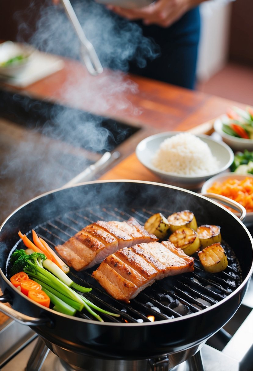 A sizzling hibachi grill with juicy pork belly, assorted vegetables, and steaming rice cooking on it