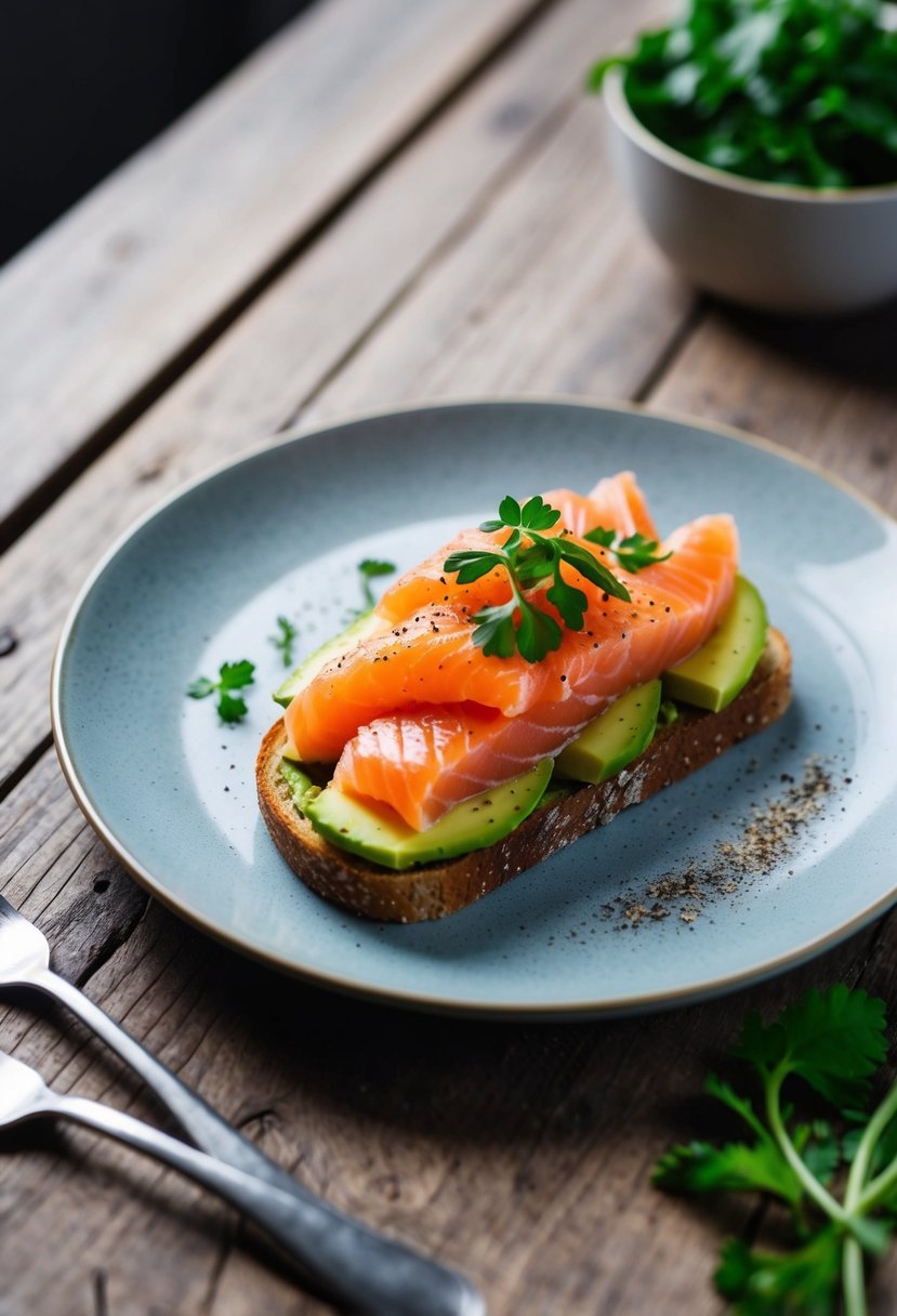 A plate of Smoked Salmon and Avocado Toast on a rustic wooden table, with a garnish of fresh herbs and a sprinkle of black pepper