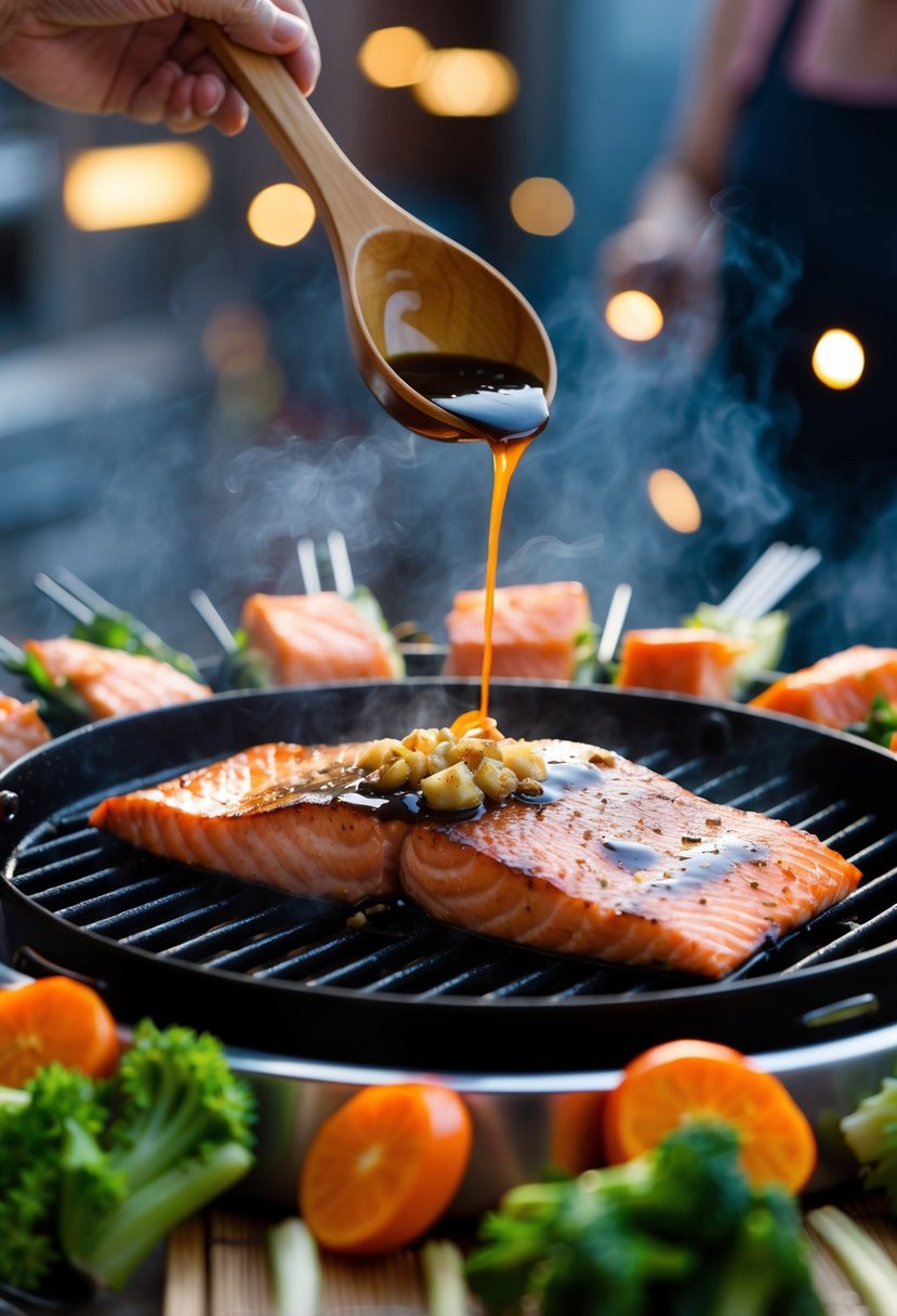 A sizzling salmon fillet drizzled with ginger soy sauce cooks on a hibachi grill, surrounded by sizzling vegetables