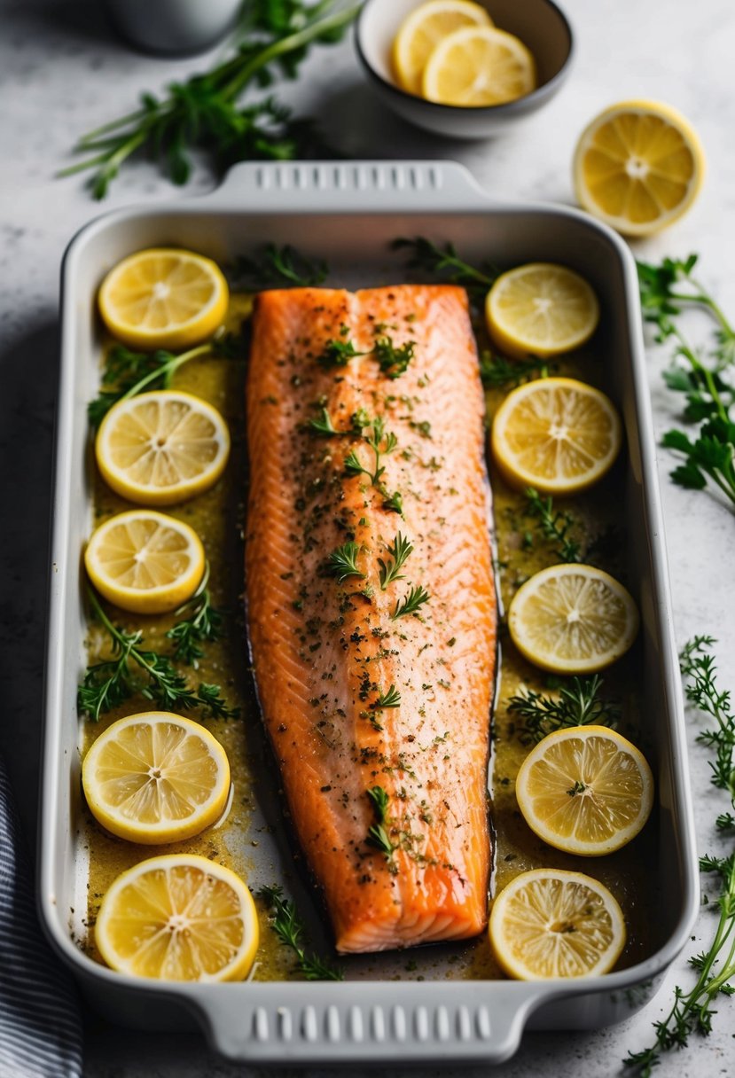 A golden-brown salmon fillet baking in the oven surrounded by fresh herbs and lemon slices